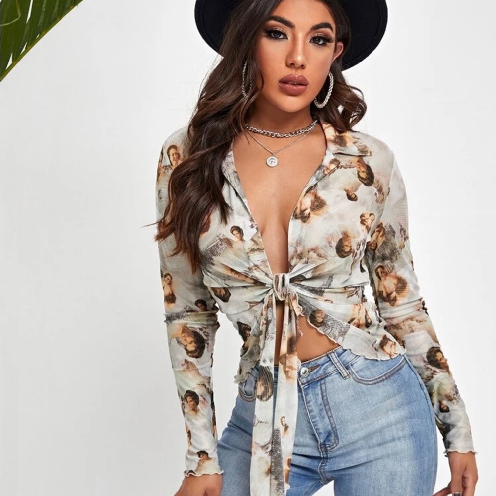 Shein Tie Front Mesh Graphic Crop Top